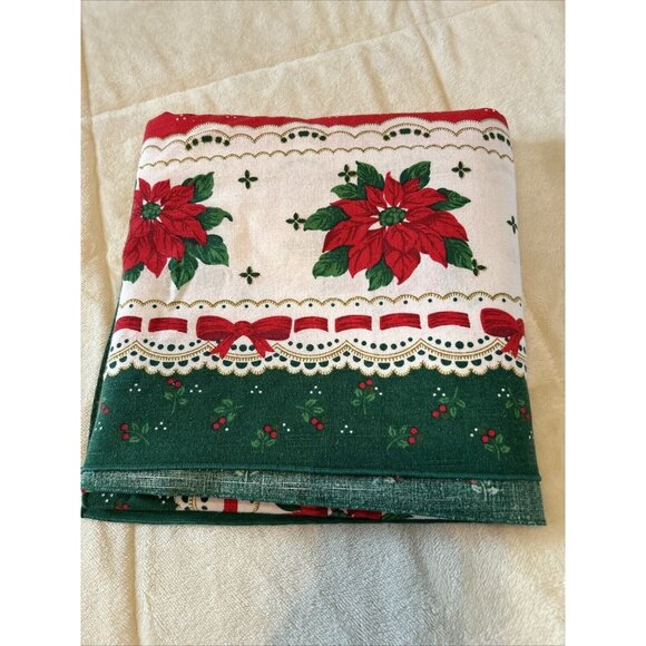 VTG Sunweave Linen Christmas Tablecloth Poinsettias Red & Green 69X49" rectangle - Picture 8 of 8